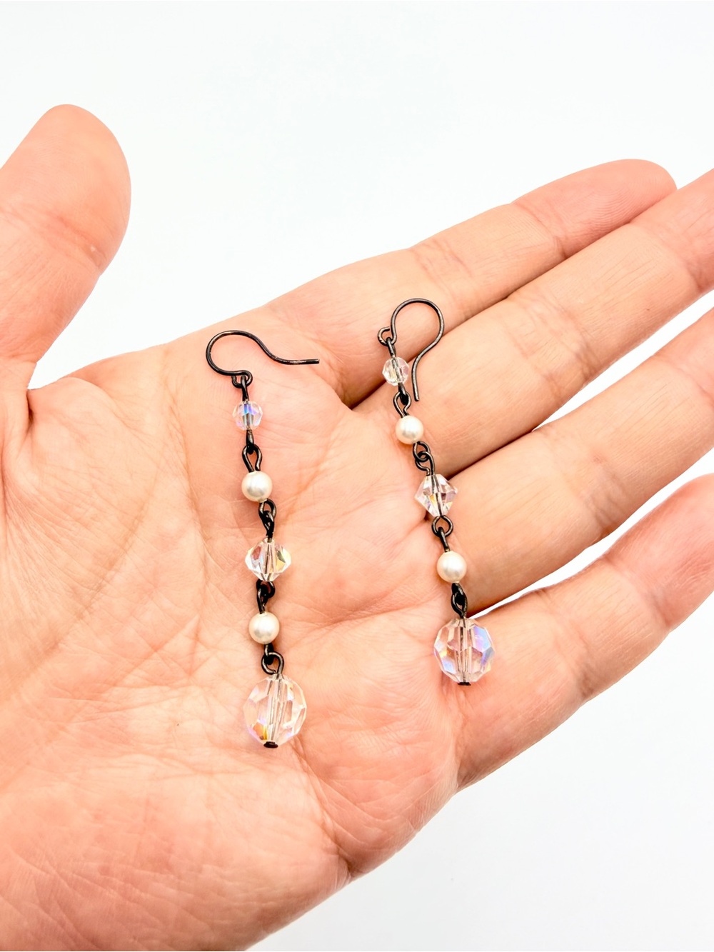 Vintage Aurora Crystal & Faux Pearl Long Dangle Earrings Black Tone